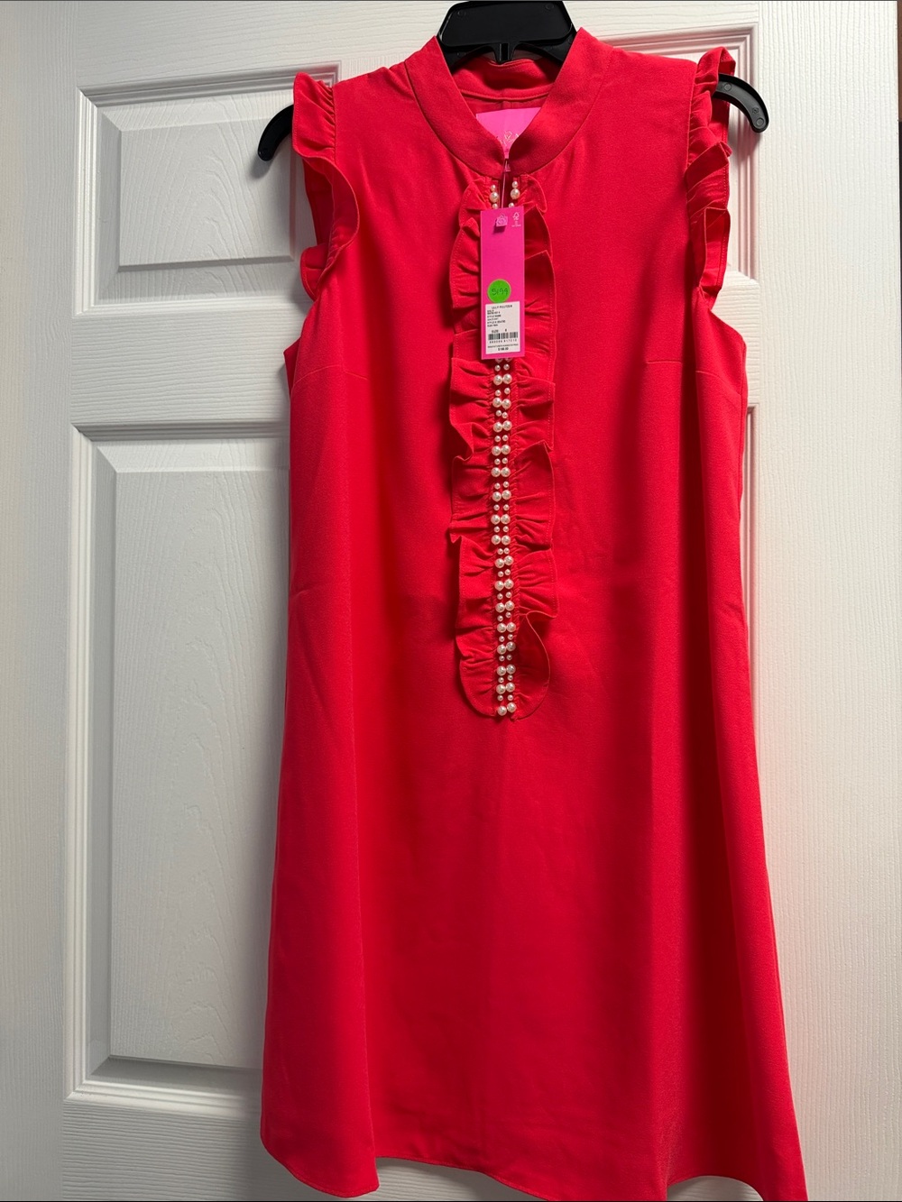 Lilly Pulitzer Bright Red Sleeveless Ruffle Pearl-Trim Shift Dress